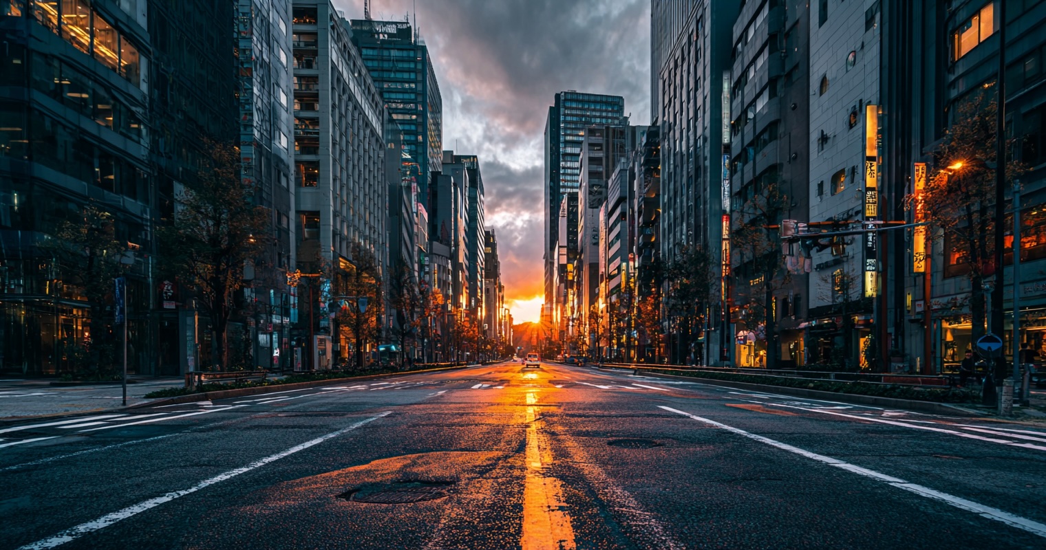 Tokyo cityscape with dramatic lighting and empty streets