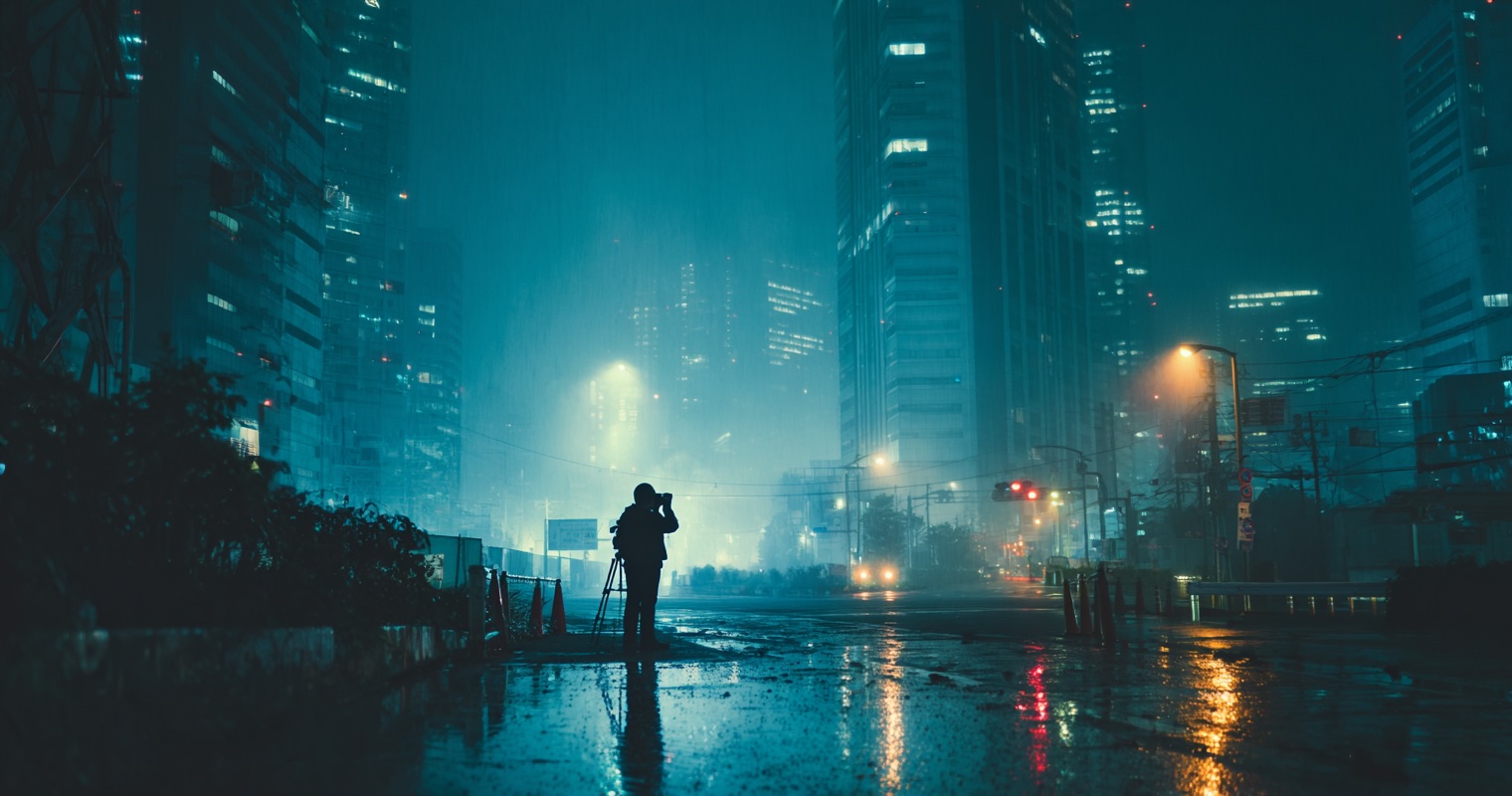 Photographer capturing neon reflections on wet Tokyo streets at night