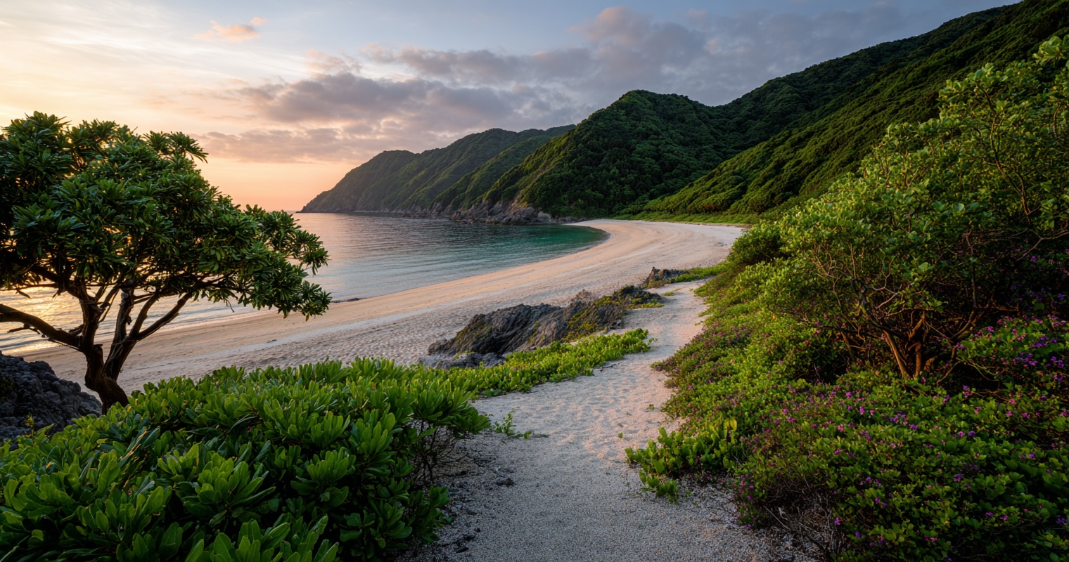 Empty Amami Oshima beach at sunrise with jungle backdrop
