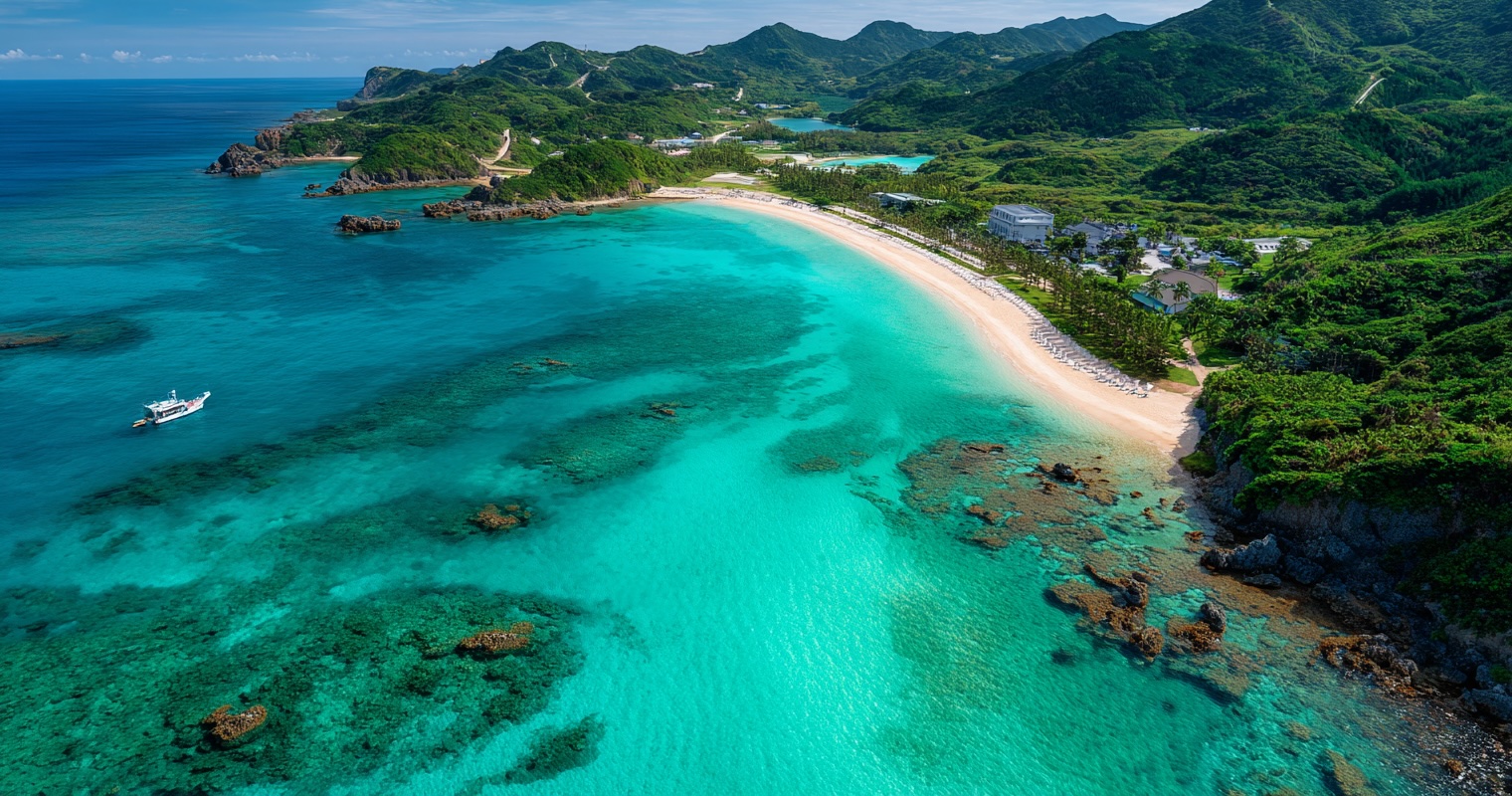 Aerial view of Yonaha Maehama Beach with turquoise water
