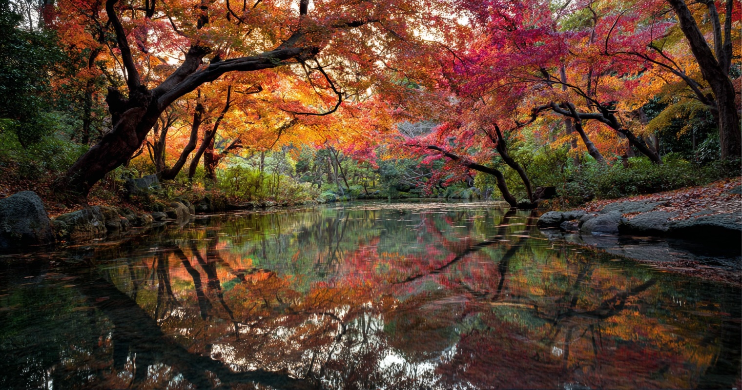 Rikugien autumn maples reflecting in pond