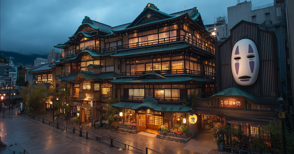 Dogo Onsen exterior with No-Face overlay